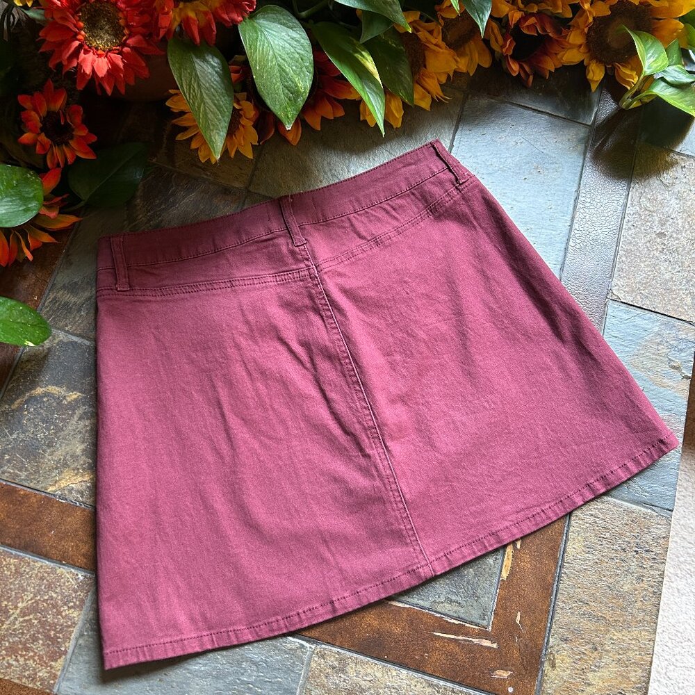 Altar’d State Burgundy Stretch Denim Button-Front Mini Skirt - Picture 6 of 7